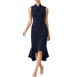 White House Black Market Navy Twist Neck Midi Sheath Dress Hi-Lo Hem Size 6